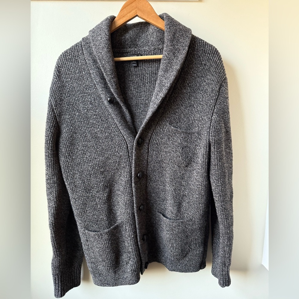J CREW Rugged Lambs‎ Wool Marled Gray Shawl Collar Cardigan Grandpa Sweater M